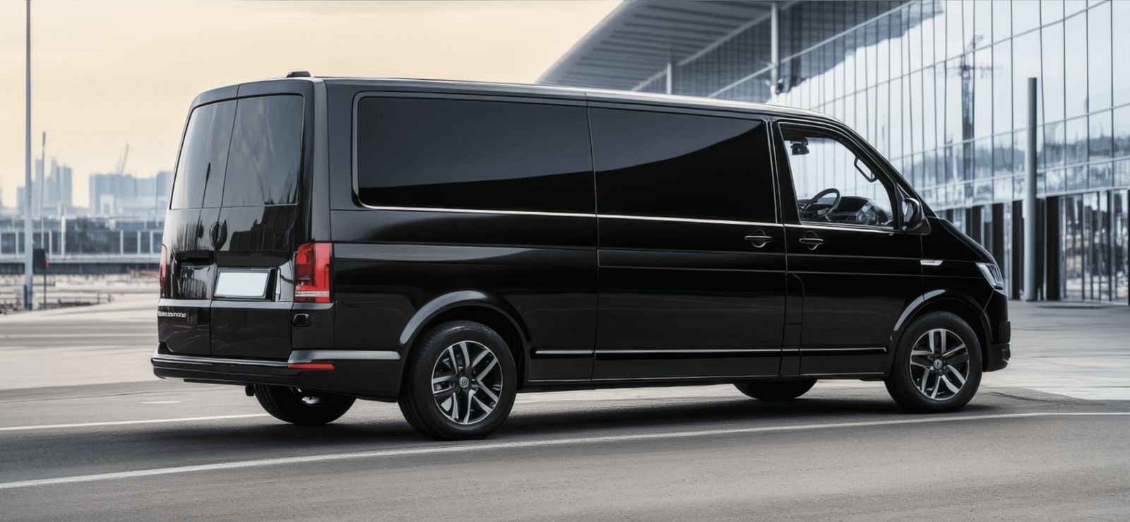 Black executive van parked outside an airport terminal